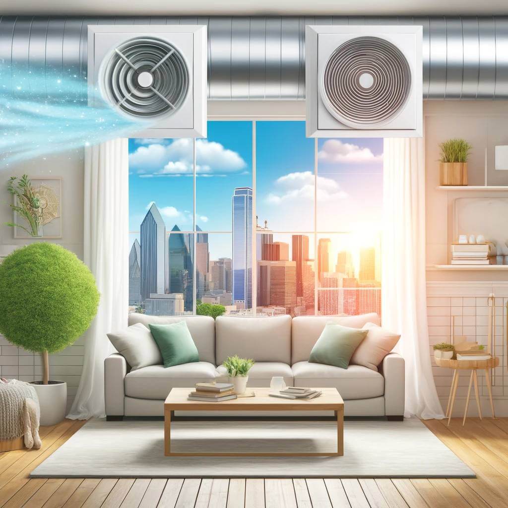 air duct cleaning dallas A vibrant and clean interior of a modern home with an HVAC vent prominently displayed, symbolizing air duct cleaning. The setting shows a sunny Dallas background